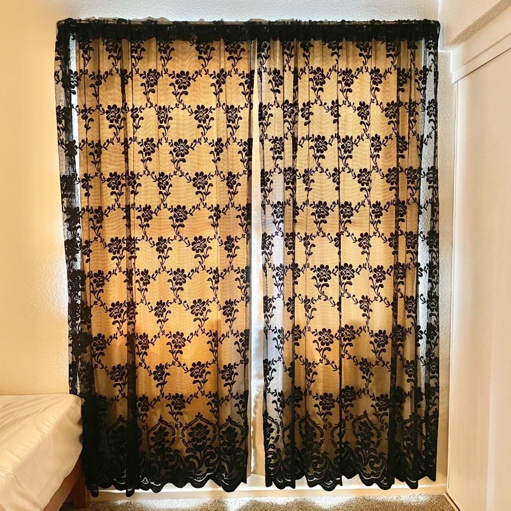 Black Lace Floral Embroidered Curtains (2 Panels)